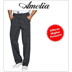 Pantalone Unisex Professionale da Cuoco Coulisse Chef Gessato Nero 100% Cotone Tinto in Filo By Amelia Primo Prezzo per Scuola Alberghiera FINE SERIE   Art.AMELIA-3